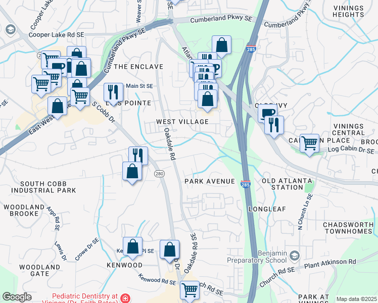 map of restaurants, bars, coffee shops, grocery stores, and more near 2157 Park Avenue Southeast in Smyrna