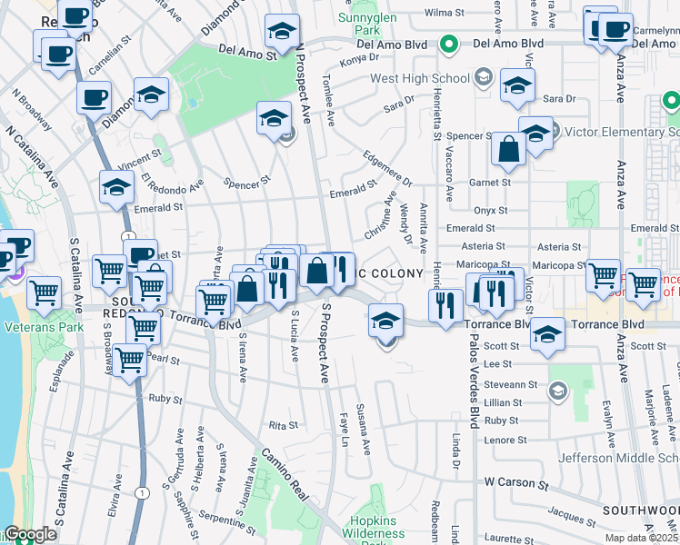 map of restaurants, bars, coffee shops, grocery stores, and more near 220 South Prospect Avenue in Redondo Beach