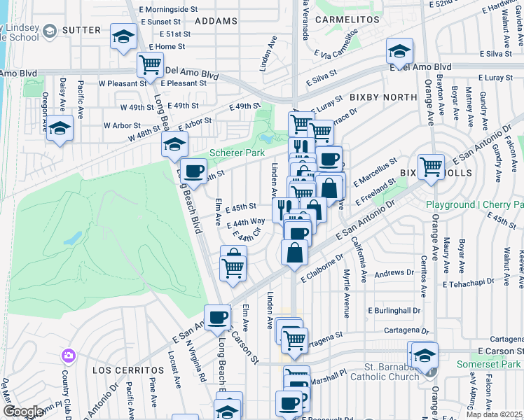 map of restaurants, bars, coffee shops, grocery stores, and more near 4503 Linden Avenue in Long Beach