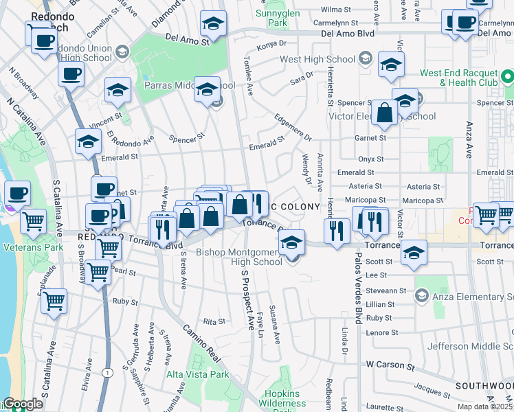 map of restaurants, bars, coffee shops, grocery stores, and more near 220 South Prospect Avenue in Redondo Beach