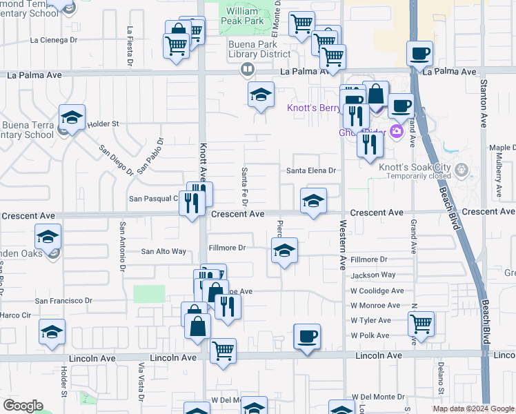 map of restaurants, bars, coffee shops, grocery stores, and more near 7200 Santa Teresa Circle in Buena Park