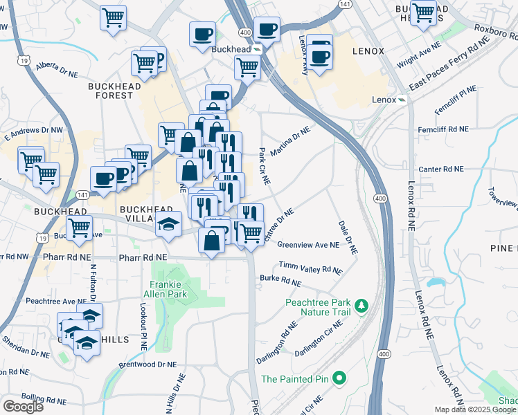 map of restaurants, bars, coffee shops, grocery stores, and more near 603 East Paces Ferry Road Northeast in Atlanta