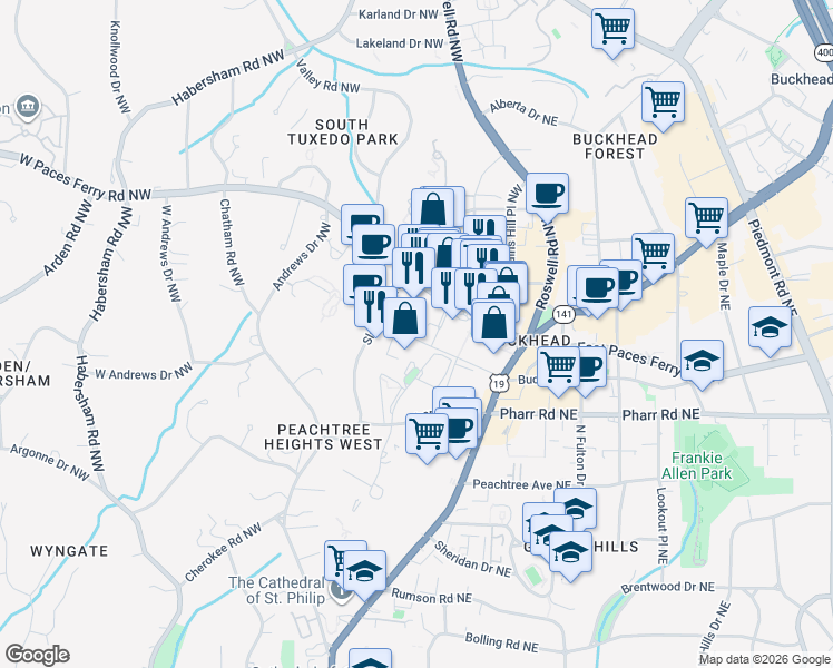 map of restaurants, bars, coffee shops, grocery stores, and more near 92 West Paces Ferry Road Northwest in Atlanta
