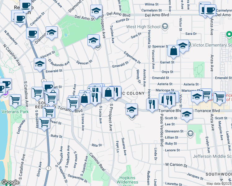map of restaurants, bars, coffee shops, grocery stores, and more near 220 South Prospect Avenue in Redondo Beach
