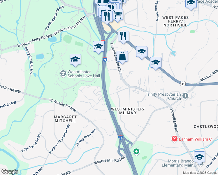map of restaurants, bars, coffee shops, grocery stores, and more near I Circle 75 Parkway Southeast in Atlanta