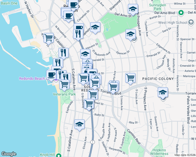 map of restaurants, bars, coffee shops, grocery stores, and more near 201 Camino Real in Redondo Beach
