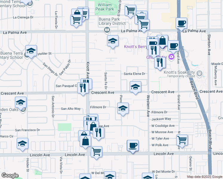 map of restaurants, bars, coffee shops, grocery stores, and more near 7200 Santa Teresa Circle in Buena Park