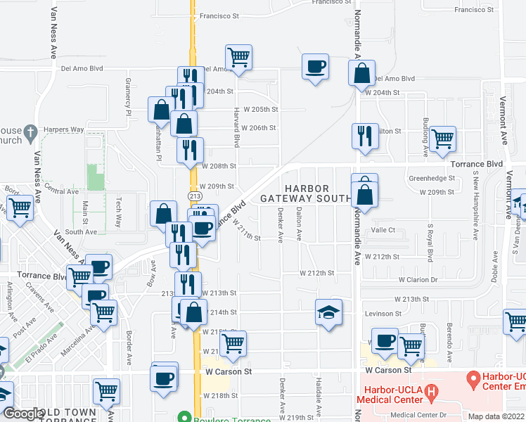 map of restaurants, bars, coffee shops, grocery stores, and more near 20904 La Salle Avenue in Torrance