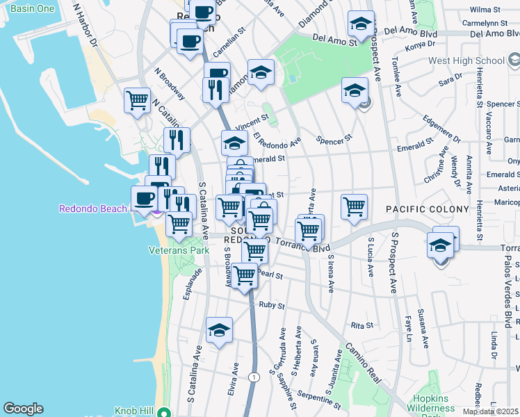 map of restaurants, bars, coffee shops, grocery stores, and more near 209 South Francisca Avenue in Redondo Beach