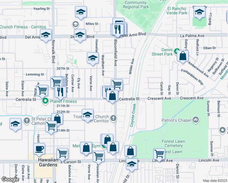 map of restaurants, bars, coffee shops, grocery stores, and more near 20919 Bloomfield Avenue in Lakewood