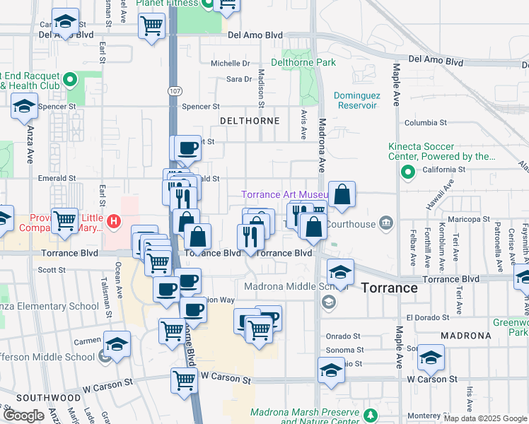 map of restaurants, bars, coffee shops, grocery stores, and more near 3515 Maricopa Street in Torrance