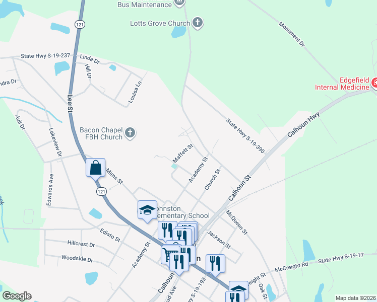 map of restaurants, bars, coffee shops, grocery stores, and more near 711 Maffett Street in Johnston