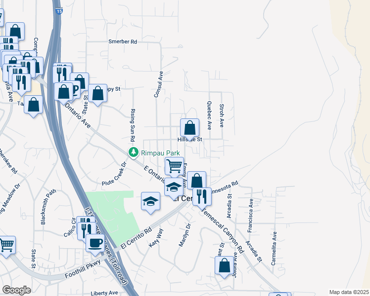 map of restaurants, bars, coffee shops, grocery stores, and more near Envoy Avenue in Corona