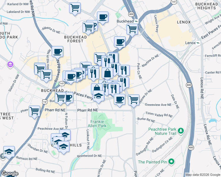 map of restaurants, bars, coffee shops, grocery stores, and more near 3097 Maple Drive Northeast in Atlanta