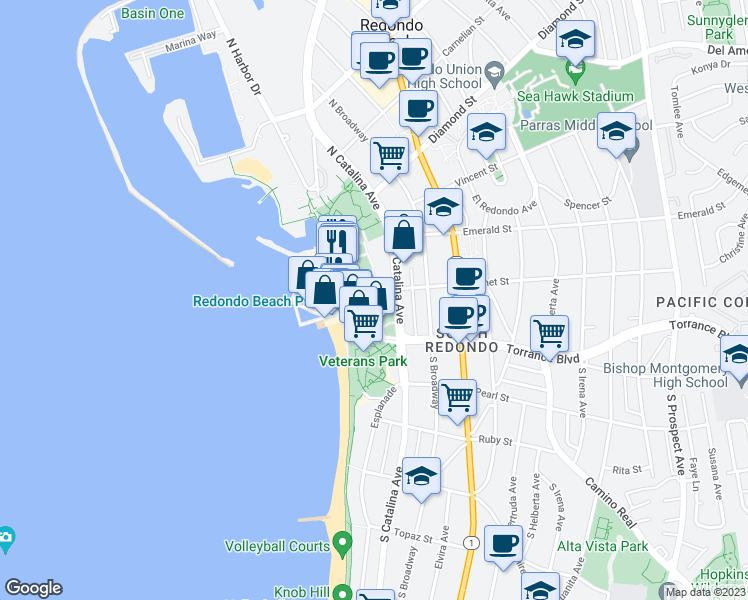 map of restaurants, bars, coffee shops, grocery stores, and more near 640 The Village in Redondo Beach