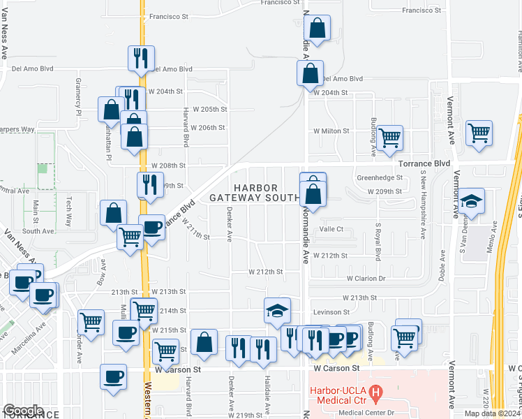 map of restaurants, bars, coffee shops, grocery stores, and more near 20907 Halldale Avenue in Torrance