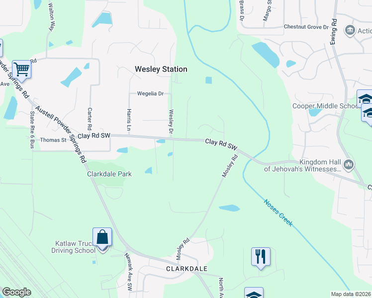 map of restaurants, bars, coffee shops, grocery stores, and more near 3311 Clay Road Southwest in Austell