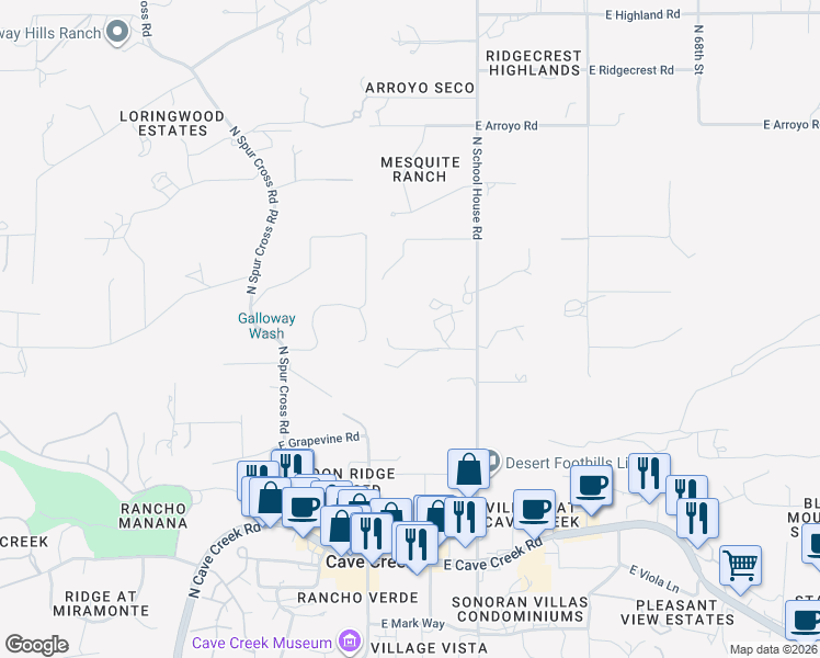 map of restaurants, bars, coffee shops, grocery stores, and more near 39002 North School House Road in Cave Creek