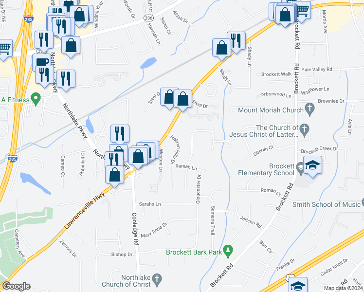 map of restaurants, bars, coffee shops, grocery stores, and more near 1937 Hebron Hills Drive in Tucker