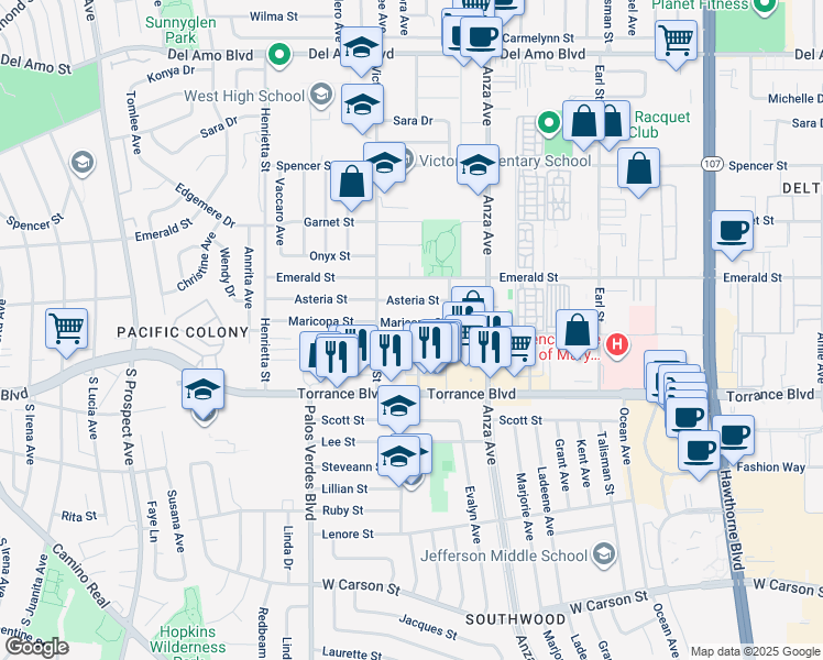 map of restaurants, bars, coffee shops, grocery stores, and more near 4826 Maricopa Street in Torrance