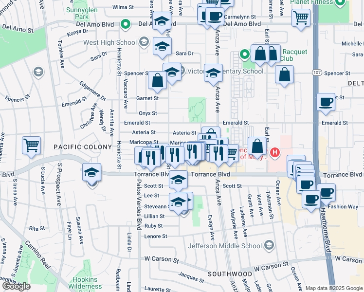 map of restaurants, bars, coffee shops, grocery stores, and more near 4830 Maricopa Street in Torrance