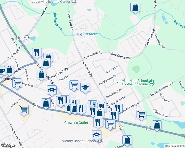 map of restaurants, bars, coffee shops, grocery stores, and more near 511 Lee Byrd Road in Loganville