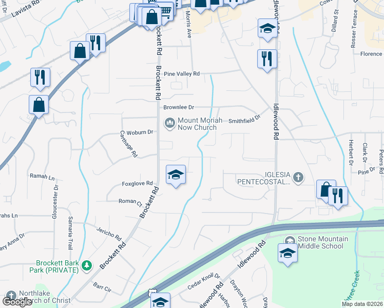 map of restaurants, bars, coffee shops, grocery stores, and more near 4094 Brockett Creek Drive in Tucker