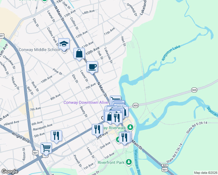 map of restaurants, bars, coffee shops, grocery stores, and more near 900 6th Avenue in Conway