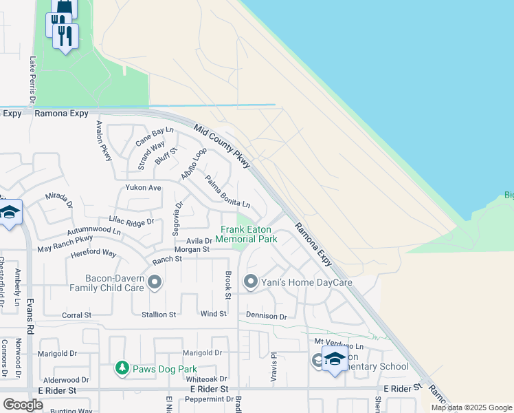 map of restaurants, bars, coffee shops, grocery stores, and more near 1544 Palma Bonita Lane in Perris
