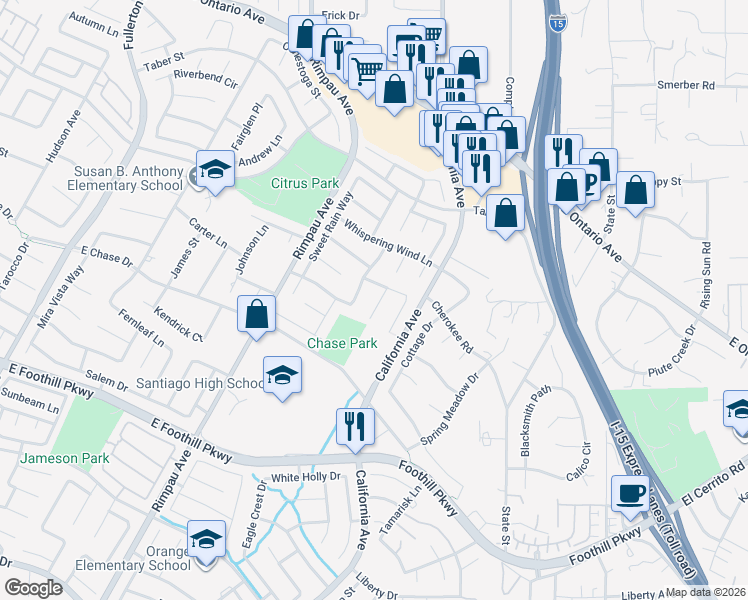 map of restaurants, bars, coffee shops, grocery stores, and more near 2663 Monserat Circle in Corona