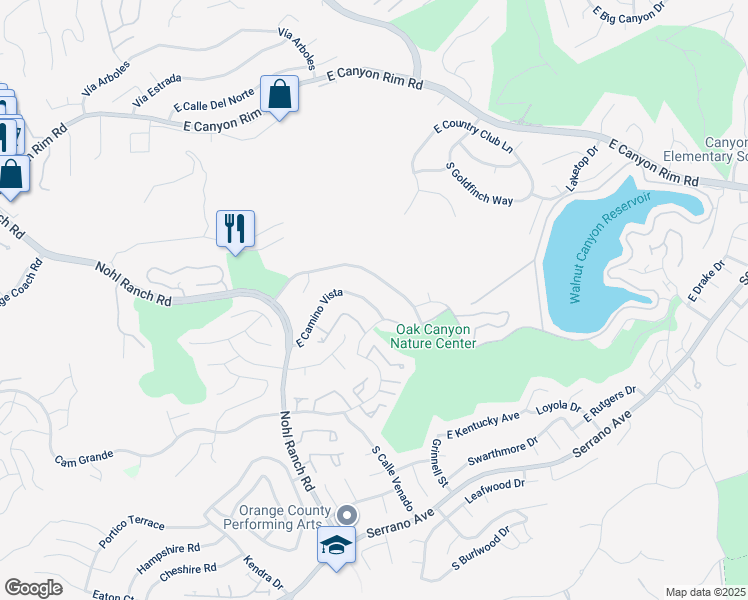 map of restaurants, bars, coffee shops, grocery stores, and more near 6581 East Camino Vista in Anaheim