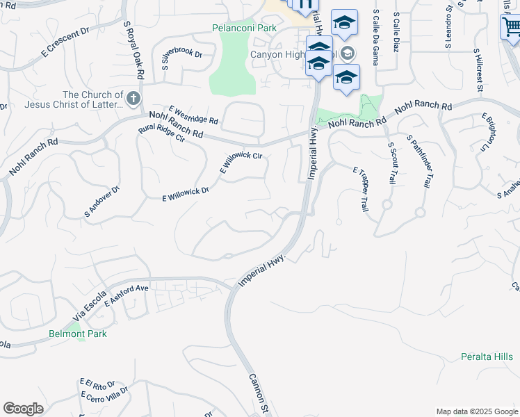map of restaurants, bars, coffee shops, grocery stores, and more near 5613 East Stetson Court in Anaheim