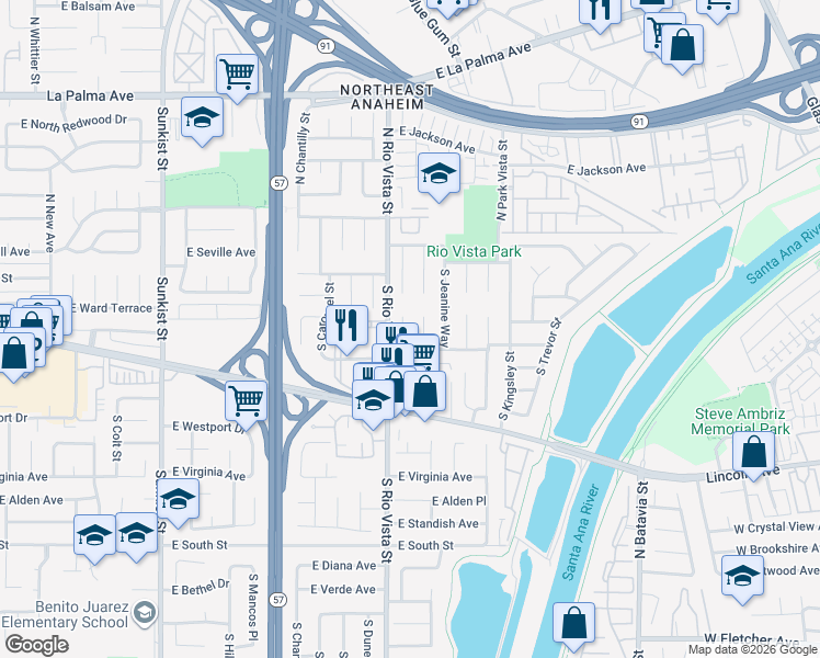 map of restaurants, bars, coffee shops, grocery stores, and more near 135 South Connie Circle in Anaheim