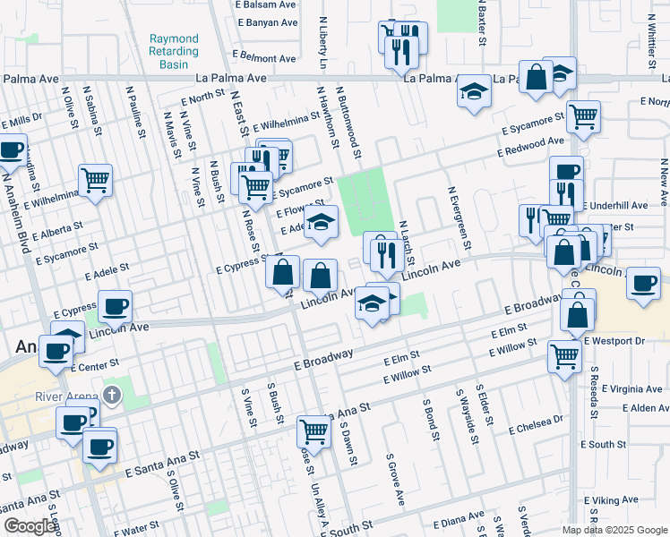 map of restaurants, bars, coffee shops, grocery stores, and more near 130 North Citrus Ranch Road in Anaheim