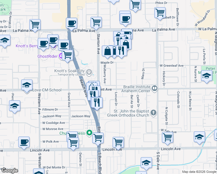 map of restaurants, bars, coffee shops, grocery stores, and more near 8458 Mango Way in Buena Park
