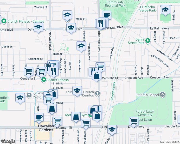 map of restaurants, bars, coffee shops, grocery stores, and more near 20919 Bloomfield Avenue in Lakewood