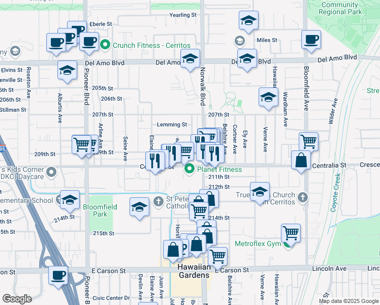 map of restaurants, bars, coffee shops, grocery stores, and more near 20817 Norwalk Boulevard in Lakewood
