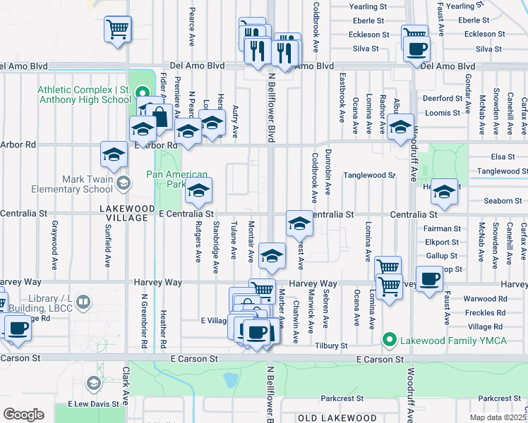 map of restaurants, bars, coffee shops, grocery stores, and more near in Lakewood
