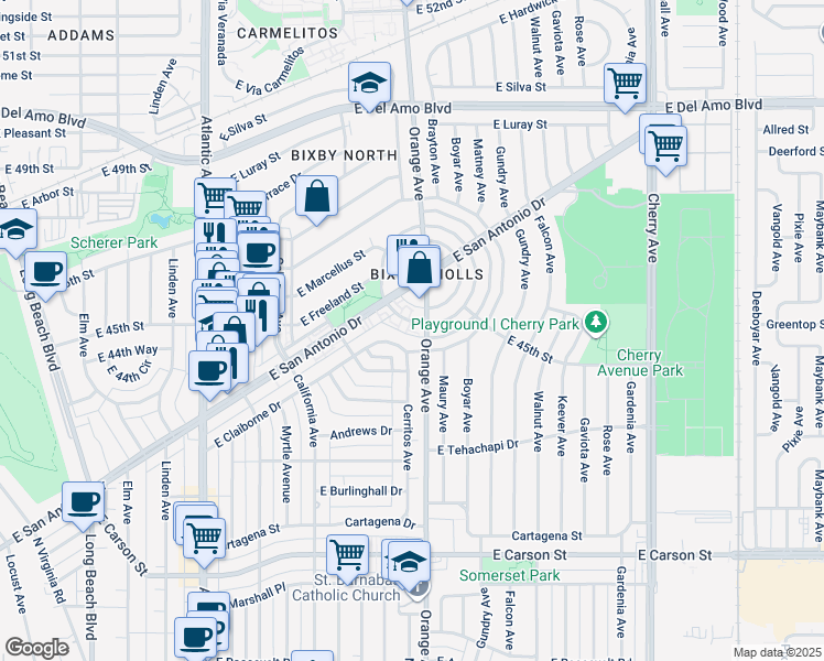 map of restaurants, bars, coffee shops, grocery stores, and more near 4459 Le Park Drive in Long Beach