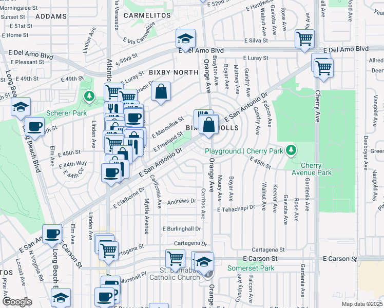 map of restaurants, bars, coffee shops, grocery stores, and more near 4459 Le Park Drive in Long Beach