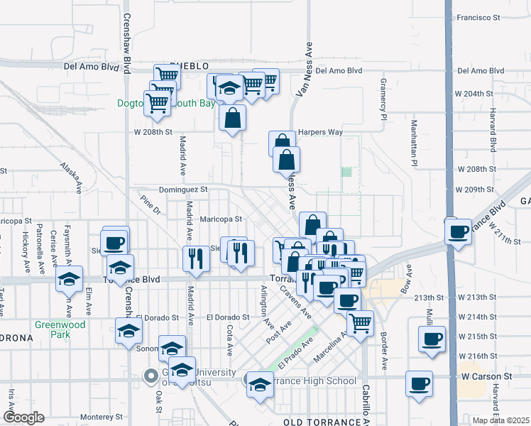 map of restaurants, bars, coffee shops, grocery stores, and more near 715 Border Avenue in Torrance