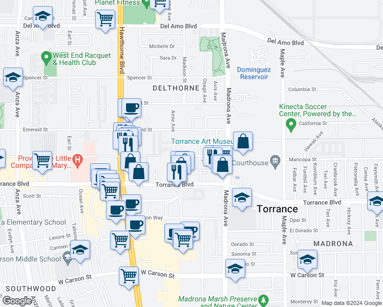 map of restaurants, bars, coffee shops, grocery stores, and more near 20924 Amie Avenue in Torrance
