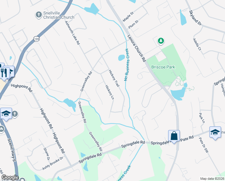 map of restaurants, bars, coffee shops, grocery stores, and more near 2808 Hickory Lane in Snellville