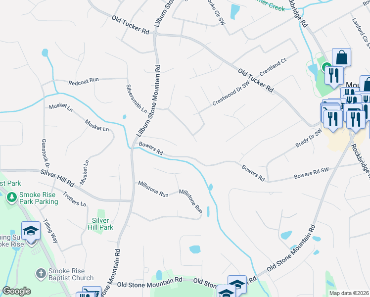 map of restaurants, bars, coffee shops, grocery stores, and more near 5888 Ashridge Court in Stone Mountain