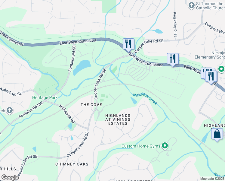 map of restaurants, bars, coffee shops, grocery stores, and more near 669 Crescent Ridge Trail in Mableton