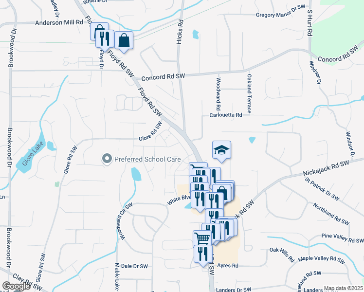 map of restaurants, bars, coffee shops, grocery stores, and more near 4629 Electric Avenue Southwest in Mableton