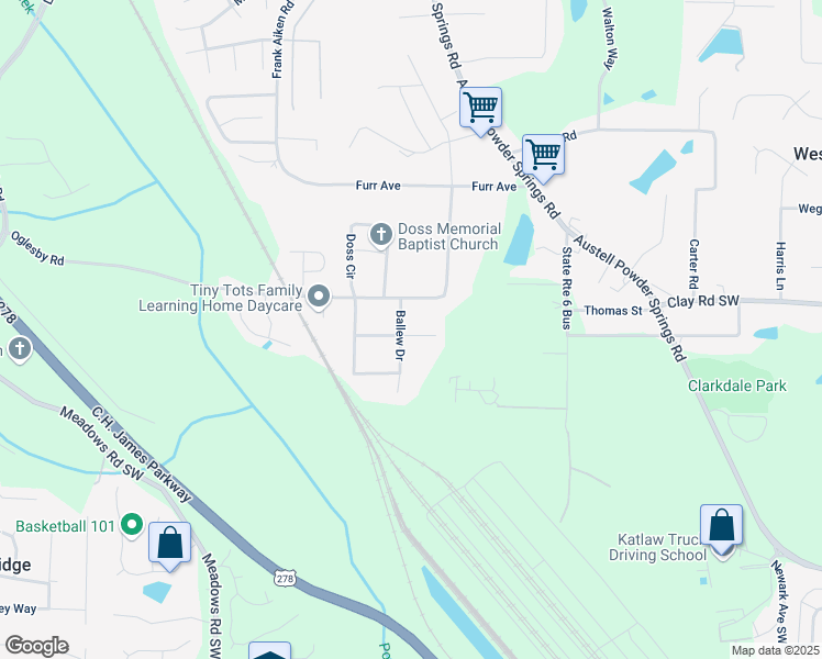 map of restaurants, bars, coffee shops, grocery stores, and more near 4699 Ballew Drive in Powder Springs