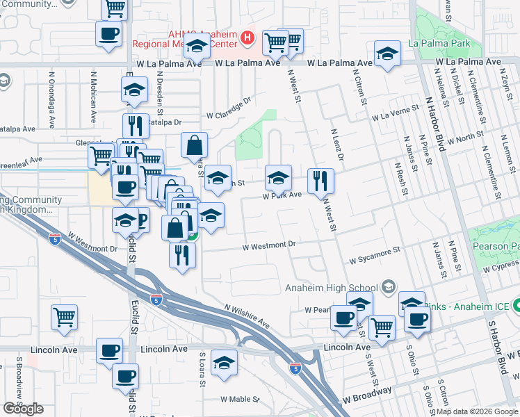 map of restaurants, bars, coffee shops, grocery stores, and more near 1419 West Janeen Way in Anaheim