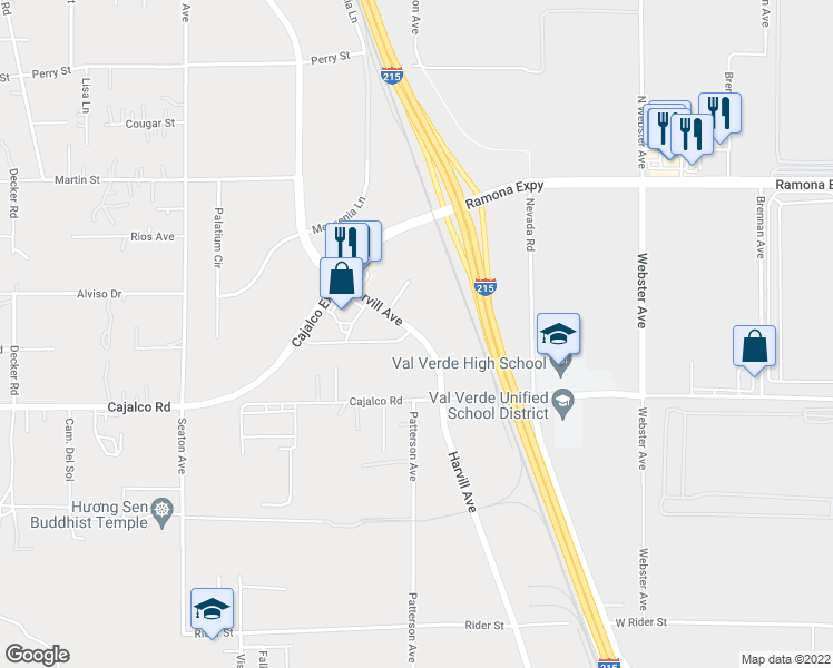 map of restaurants, bars, coffee shops, grocery stores, and more near 19319 Harvill Avenue in Perris