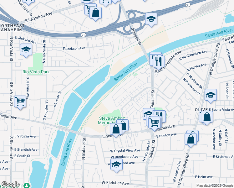 map of restaurants, bars, coffee shops, grocery stores, and more near 356 West Weeping Willow Avenue in Orange